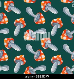 Motivo senza cuciture con funghi agarici rossi in stile cartoni animati su sfondo verde. Perfetto per il tema delle fiabe, l'imballaggio delle foreste e il design stravagante Illustrazione Vettoriale