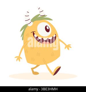 Simpatico mostro giallo con corna e un occhio. Illustrazione piatta per bambini vettoriali Illustrazione Vettoriale