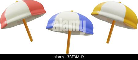 Ombrello da spiaggia, icone di ombrellone vettoriale 3d rosse, gialle e blu Illustrazione Vettoriale