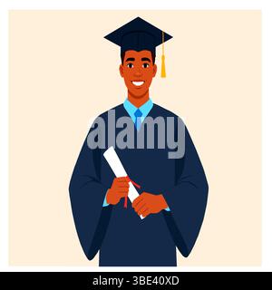 Illustrazione vettoriale di un giovane afroamericano appena laureato sorridente con un mortarboard e un diploma in mano Illustrazione Vettoriale