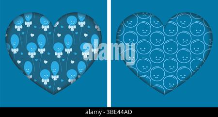 Palloncini blu su corda con cuori decorativi e moticoni tristi tagliati in carta a forma di cuore. Illustrazione vettoriale isolata carte motivazionali per il saluto del lunedì blu o invito a un party tematico, opuscolo Illustrazione Vettoriale