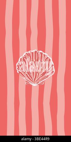 Illustrazione astratta di una conchiglia rosa su un design in corallo a righe, che crea un'estetica moderna di ispirazione marina Illustrazione Vettoriale
