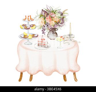 Tavolo con illustrazione ad acquerello per cena con vino, candele e bouquet. Include cibo, dessert e bevande su un elegante tavolo del ristorante. Foto Stock