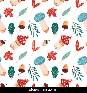 Motivo autunnale senza cuciture con agarico mosca, funghi, foglie e ghiande in stile piatto. Perfetto per imballaggi stagionali, tessuti, carta da parati, scrapbooking e. Illustrazione Vettoriale
