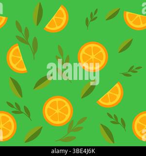 Vivace motivo di frutta con arance e foglie su uno sfondo verde brillante. Illustrazione Vettoriale