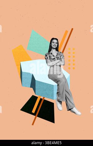 Collage pop poster della persona seduta su ghiaccio e neve su sfondo arancione Foto Stock