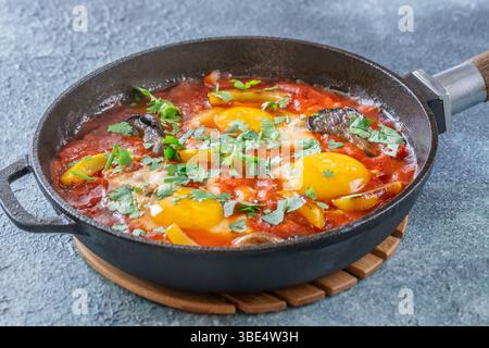 Uova sospese a base di pomodoro speziato con funghi, peperoni ed erbe fresche Foto Stock