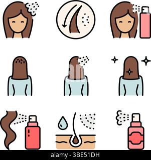 Set icone colore lavaggio capelli rinfrescante. Pulizia profonda del cuoio capelluto e idratazione. Uso di insegne di shampoo asciutte. Donna salute capelli cura simboli. Segni vettoriali a colori Illustrazione Vettoriale