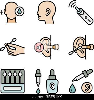 Igiene personale di routine e cura. Rimozione di cerume, otite trattamento con gocce mediche. Set di icone colorate per la pulizia del canale uditivo. Protezione dell'udito Illustrazione Vettoriale