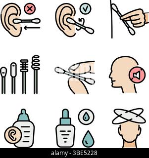 Igiene personale di routine e cura. Rimozione di cerume, otite trattamento con gocce mediche. Set di icone colorate per la pulizia del canale uditivo. Orecchie umane con cotone S Illustrazione Vettoriale