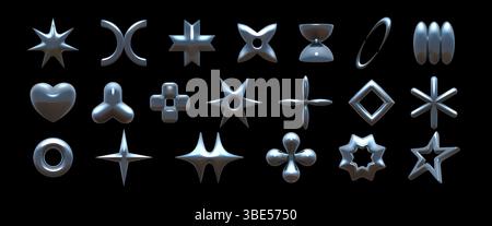 elementi cromati 3d. Cuore Y2K in metallo, fiori ed elementi geometrici, stella d'argento astratta o stella liquida brillano. Ologrammi creativi sfumati. Set di oggetti decorativi minimi isolati con rendering vettoriale Illustrazione Vettoriale