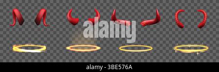 Angelo halo e corno del diavolo. anello in oro 3d, demone rosso malvagio santo aureole, bagliore trasparente. Costume di carnevale di Satana, cerchio di gloria dorata, attributo realistico. Vettore isolato su sfondo trasparente impostato Illustrazione Vettoriale