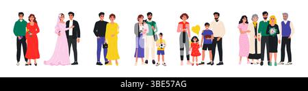 Famiglia felice. Coppia genitore, madre incinta e figli vita, persona sorridente, personaggi in piedi insieme, donna anziana e uomo, bambino e mamma gruppo. Set di generazione isolato in stile piatto cartoni animati vettoriali Illustrazione Vettoriale