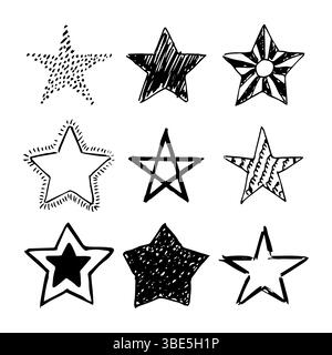 Doodle star. Set di nove stelle nere disegnate a mano isolate su sfondo bianco. Illustrazione vettoriale Illustrazione Vettoriale