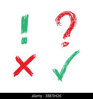 Simboli di segno di spunta, croce, punto interrogativo e punto esclamativo disegnati a mano. Set di quattro simboli di schizzo verdi e rossi. Illustrazione vettoriale Illustrazione Vettoriale