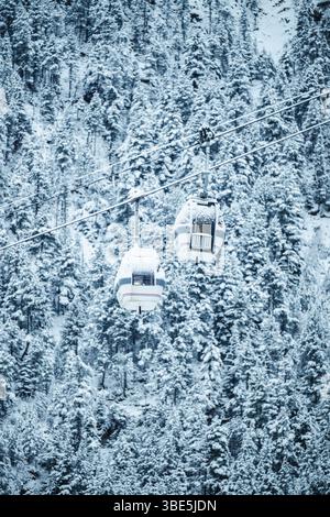 Due funivie scivolano su una foresta ricoperta di neve, offrendo una serena scena invernale ad Andorra. I pini innevati creano un'atmosfera tranquilla, per Foto Stock