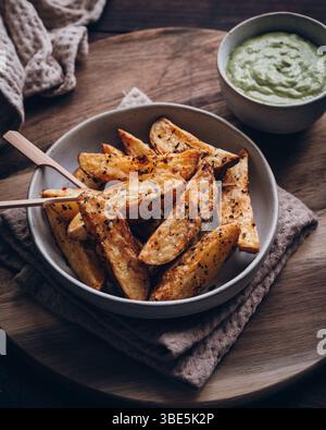Una ciotola di patate rustiche condite con erbe e spezie, servite con una salsa cremosa. L'ambiente e' intimo, con un tavolo in legno e tovaglioli di stoffa. Foto Stock