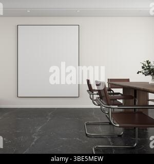 Elegante soggiorno con grande tela bianca a parete, eleganti sedie marroni, un tavolo in legno e un'illuminazione soffusa. Perfetto per le riunioni. Foto Stock