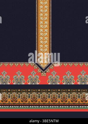 Elegante design in tessuto caratterizzato da intricati motivi paisley e motivi floreali in tonalità vivaci Illustrazione Vettoriale