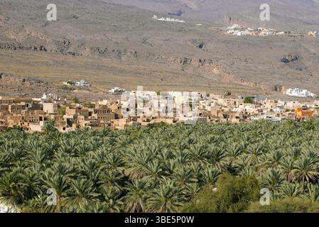 Una vista panoramica di una lussureggiante oasi di palme che circonda gli antichi edifici in argilla del villaggio di al Hamra, annidato ai piedi delle aspre colline in Oman. Foto Stock