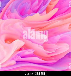 Illustrazione astratta con raffiche dinamiche di colori pastello in motivi vorticosi. Le tonalità rosa, viola e arancione brillanti creano una vivace e fluida c Foto Stock