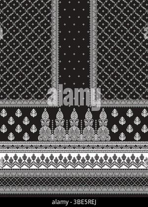 Elegante design in tessuto bianco e nero con fantasie floreali e geometriche complesse Illustrazione Vettoriale