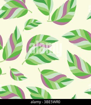 Motivo senza cuciture di foglie verdi e viola stilizzate su sfondo giallo pallido Illustrazione Vettoriale