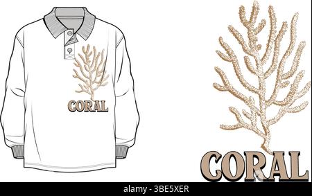 Polo bianca a manica lunga con motivo beige a scogliera corallina Illustrazione Vettoriale