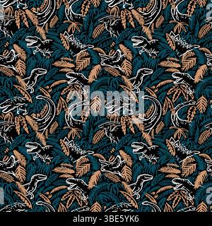 Design senza cuciture in tessuto con stampa giungla di dinosauro color ottanio e marrone chiaro Illustrazione Vettoriale