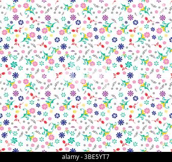 Affascinante motivo floreale su sfondo bianco con fiori rosa viola blu e gialli Illustrazione Vettoriale