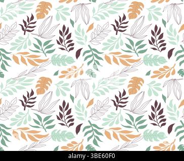 Motivo senza cuciture di eleganti illustrazioni botaniche con varie foglie in tonalità tenui Illustrazione Vettoriale