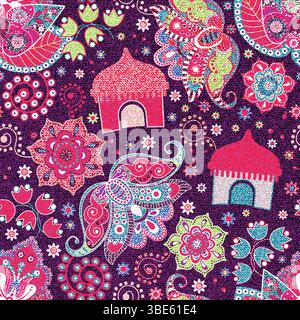 Vivace design in tessuto senza cuciture con motivo paisley e capanna Illustrazione Vettoriale