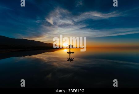 Alba sul mare, palme in lontananza, colori scuri e vivaci Foto Stock