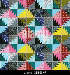 Vivace design trapuntato patchwork con motivo geometrico a freccia in vari colori e texture Illustrazione Vettoriale