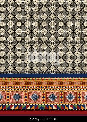 Elegante design in tessuto con motivi geometrici e vivaci bordi etnici Illustrazione Vettoriale