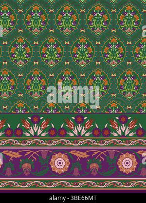 Elegante design in tessuto damascato floreale verde e viola con bordi intricati Illustrazione Vettoriale