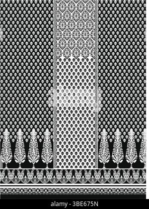 Design in tessuto bianco e nero con fantasie floreali e geometriche complesse Illustrazione Vettoriale