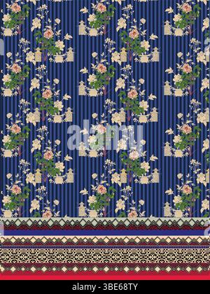 Elegante design in tessuto floreale blu con sfondo a righe e bordo decorato Illustrazione Vettoriale