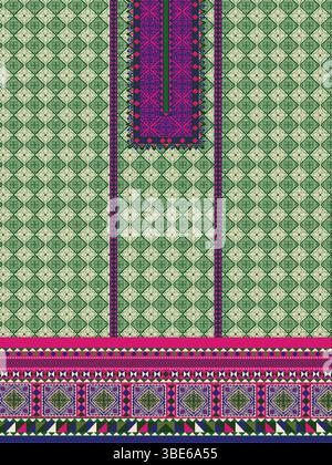 Elegante design in tessuto geometrico verde e rosa con bordi e scollo intricati Illustrazione Vettoriale