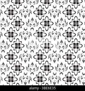 Motivo floreale geometrico bianco e nero, tessuto ripetuto senza cuciture Illustrazione Vettoriale