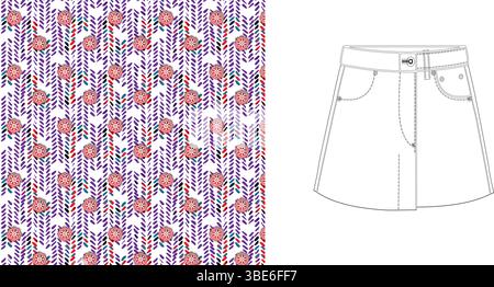 Minigonna in denim con motivo floreale e stampa ad acquerello Illustrazione Vettoriale