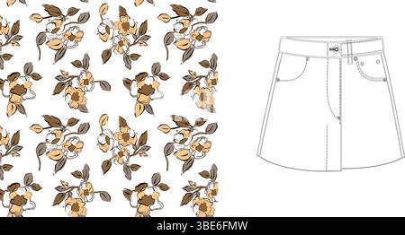 Minigonna in denim con stampa floreale schizzo piatto tecnico e motivo a ripetizione senza cuciture Illustrazione Vettoriale