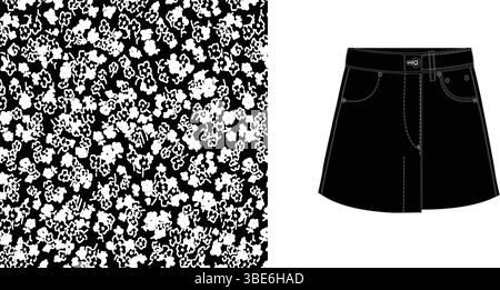 Minigonna in denim nero con stampa floreale bianca astratta Illustrazione Vettoriale
