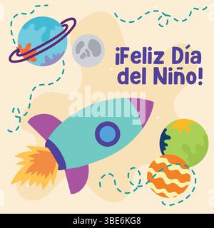 Razzo con pianeti intorno. Vettore Illustrazione Vettoriale