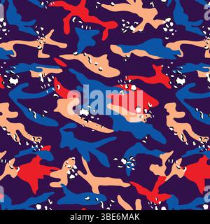 Un motivo senza cuciture caratterizzato da un design camouflage astratto. I colori sono prevalentemente rosso, blu, pesca e viola. Lo stile è audace e grafico. Illustrazione Vettoriale