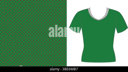Un'illustrazione vettoriale piatta che mostra una t-shirt da donna con scollo a V caratterizzata da un motivo ripetuto di piccoli punti neri su uno sfondo verde pieno. Illustrazione Vettoriale