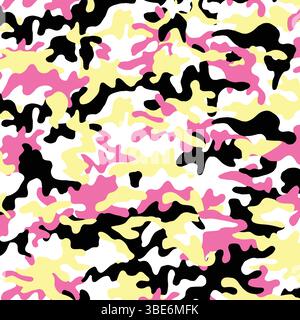 Motivo camouflage bianco nero giallo rosa astratto design a ripetizione senza cuciture Illustrazione Vettoriale