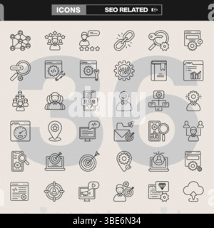 Una raccolta di icone correlate al SEO, con link building, ricerca di parole chiave, analisi, ottimizzazione dei contenuti, e coinvolgimento degli utenti. Illustrazione Vettoriale