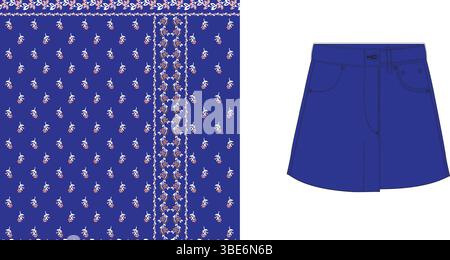 Minigonna in denim blu cobalto con dettagli ricamati rosa e bianco Illustrazione Vettoriale