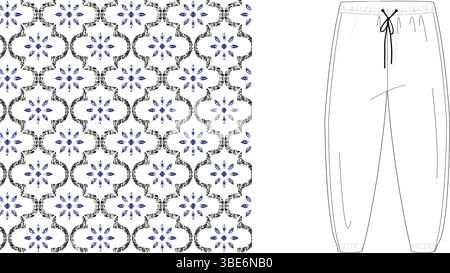Disegno tecnico dei pantaloni longheroni da donna caratterizzati da un motivo floreale geometrico ripetuto Illustrazione Vettoriale